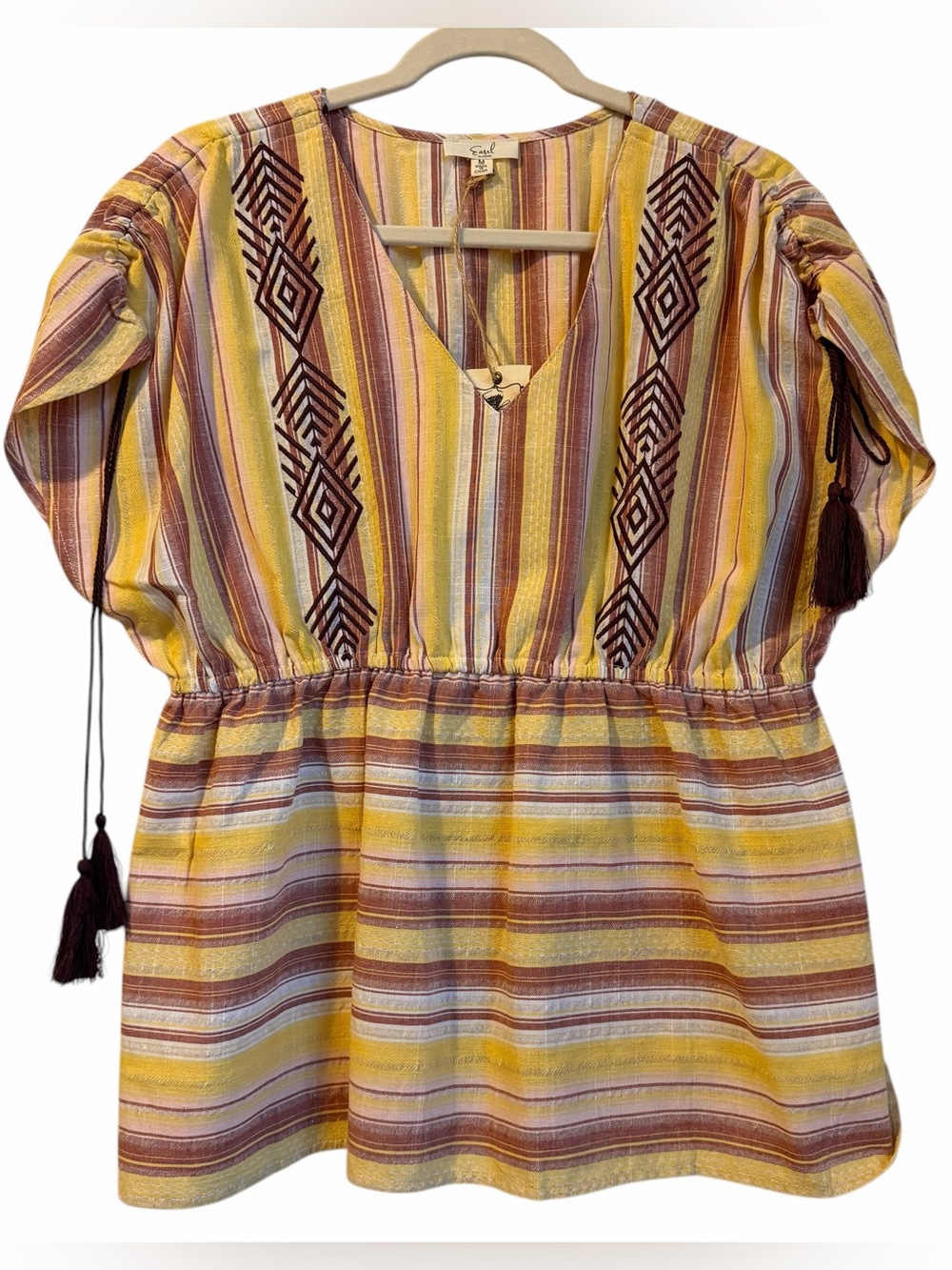 100% Cotton Boho Western Striped Embroidered Peplum Top